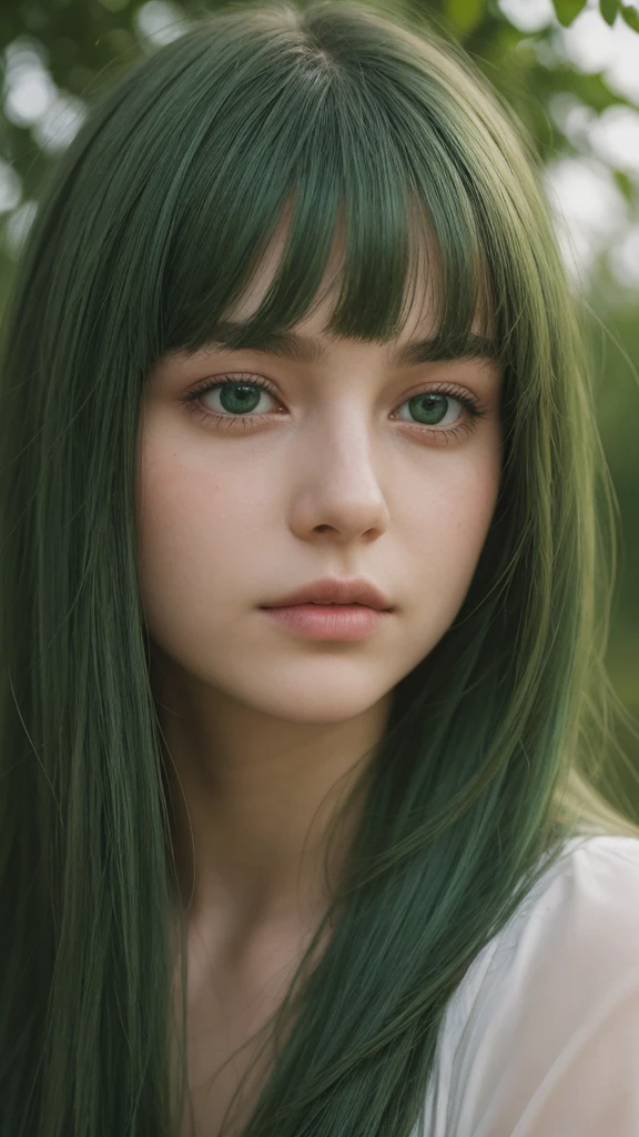 face portrait. a girl. european. extremely detailed face. oval face. delicate features. deep sadness. half-closed eyes. green eyes. long, straight, very thick hair. green hair. frontal. outdoors