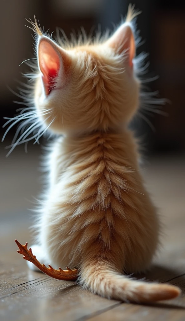 A cute, snuggly kitten with soft fur and a purring demeanor. Viewed from behind, its fur transforms into a scaly, dragon-like texture, with a long, barbed tail that flicks threateningly