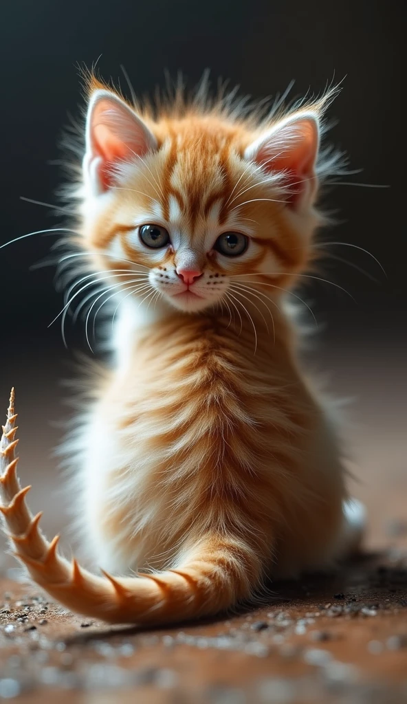 A cute, snuggly kitten with soft fur and a purring demeanor. Viewed from behind, its fur transforms into a scaly, dragon-like texture, with a long, barbed tail that flicks threateningly