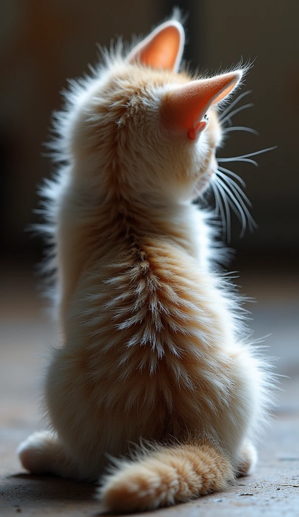 A cute, snuggly kitten with soft fur and a purring demeanor. Viewed from behind, its fur transforms into a scaly, dragon-like texture, with a long, barbed tail that flicks threateningly