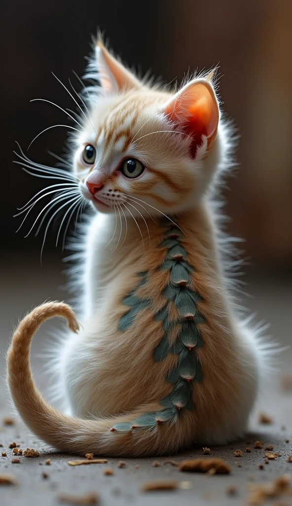 A cute, snuggly kitten with soft fur and a purring demeanor. Viewed from behind, its fur transforms into a scaly, dragon-like texture, with a long, barbed tail that flicks threateningly