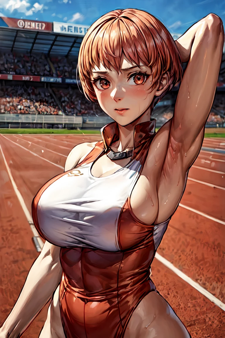 masterpiece,1girl,large breast,armpits,track and field uniform,,pov,leoniems,short hair,