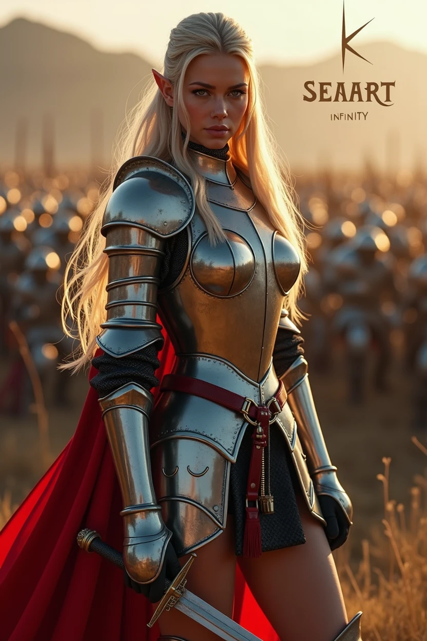 A movie poster depicting a female knight wielding a sword on a battlefield with the words "SeaArt x infinity" written in large letters in the center, ((masterpiece, top quality, high resolution, highly detailed CG unified 8K wallpaper)), (huge stunning goddess shot, very hot and sexy, jaw dropping beauty, perfect proportions, beautiful body, slim body beauty:1.3), (A medieval female knight in luminous armor:1.5), (Her long blond hair is tied back, Wearing armor on bare skin, red cape on back, harnessed in finely crafted, detailed armor, with a sword hanging from a thick belt:1.5), Visible thighs, view from above, female knight, elf ears, cleavage, thigh, short skirt, sexy