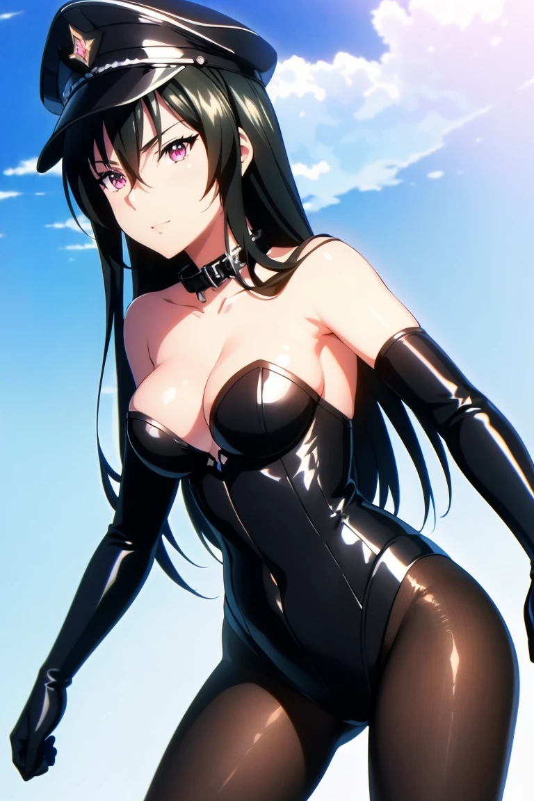 masterpiece, best quality, extremely detailed cg unity 8k wallpaper, extremely detailed cg, super fine illustration, beautiful, official art, production art, by famous artist, masterwork, exquisite, ultra high res, ultra detailed, insanely detailed, finely detailed, ultra quality, high quality, top quality, absurdres, absolutely resolution, incredibly absurdres, hair between eyes, long hair, black hair, (((pink eyes))), 16k portrait, anime screencap, anime style, anime best girl, beautiful portrait of cute anime girls, extremely detailed beautiful face and eyes, perfect face, perfect eyes, even eyes, symmetrical eyes, perfect female body, cross bangs, highly detailed, intricate, professional quality, slant eyes, 32k portrait, (((cowboy shot, body shot, lower body))), (((pantyhose, skin tight))), beautiful artwork, super detailed skin, large breasts, hdr, extremely high resolution, (((bare shoulder, bare collarbone))), deep detailed eyes, bondage,black leotard, cleavage cutout, cleavage, (((elbow gloves))), enamel clothes, gleaming skin, oil skin, shiny skin, bare cleavage, (((black animal collar))), (((black peaked military cap))), adult, perfect proportion, perfect anatomy, voluptuous, fearless face, adult face, blue sky background, concept art, lifelike, vibrant colors, amazing quality, fantastic, very high resolution, very aesthetic, delicate drawing, amazing detailed skin, glittering, detailed description,