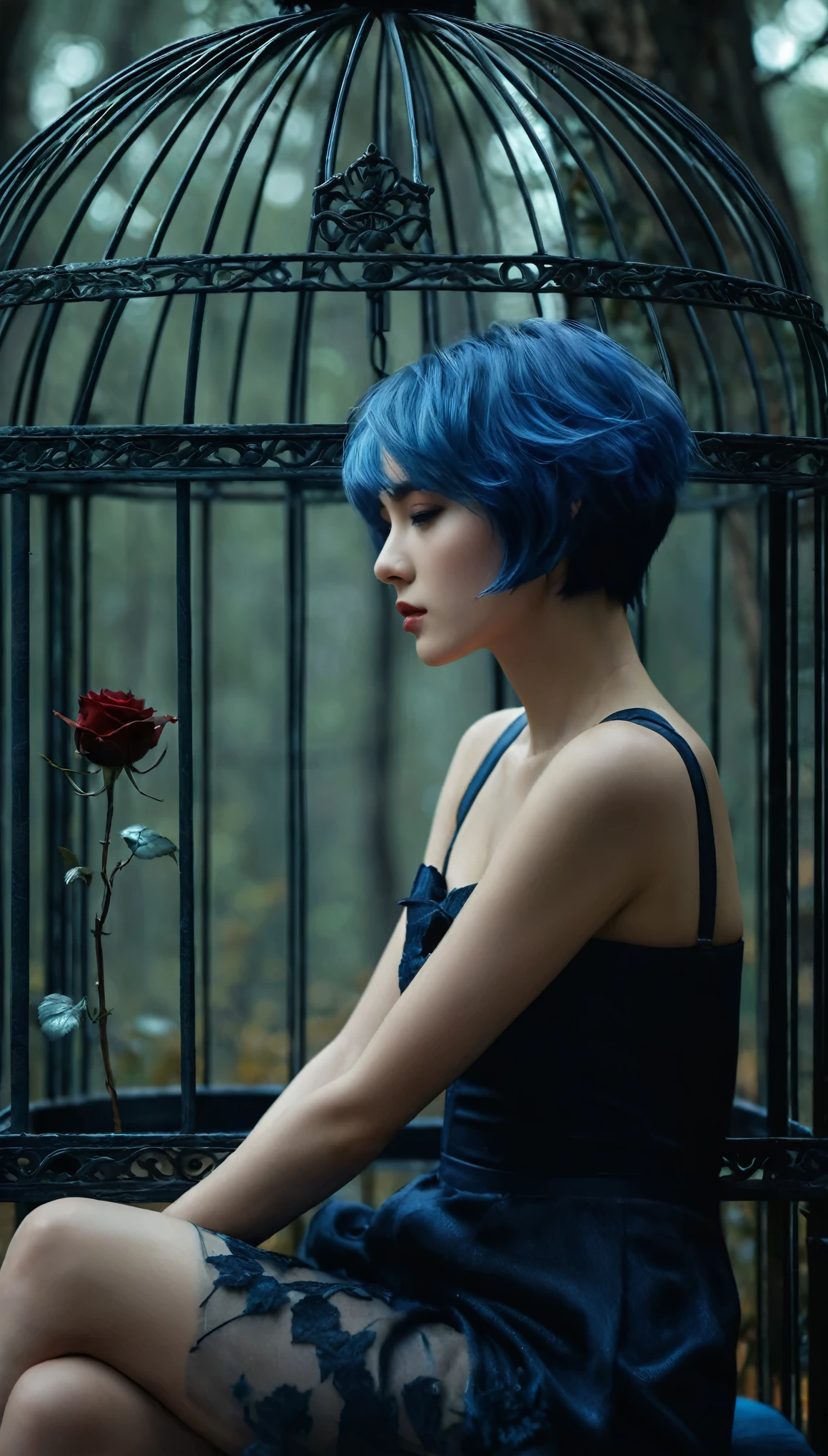 Close up Image of a short blue hair beautiful girl sitting on the sofa inside the bird cage, forests of clocks interspersed with forests of thorns, dark, gloomy, mysterious but full of magic, shimmeringly beautiful, in the distance there is a giant birdcage surrounded by climbing black roses, , cinematic color, 16K, UHD, K-Pop Style
