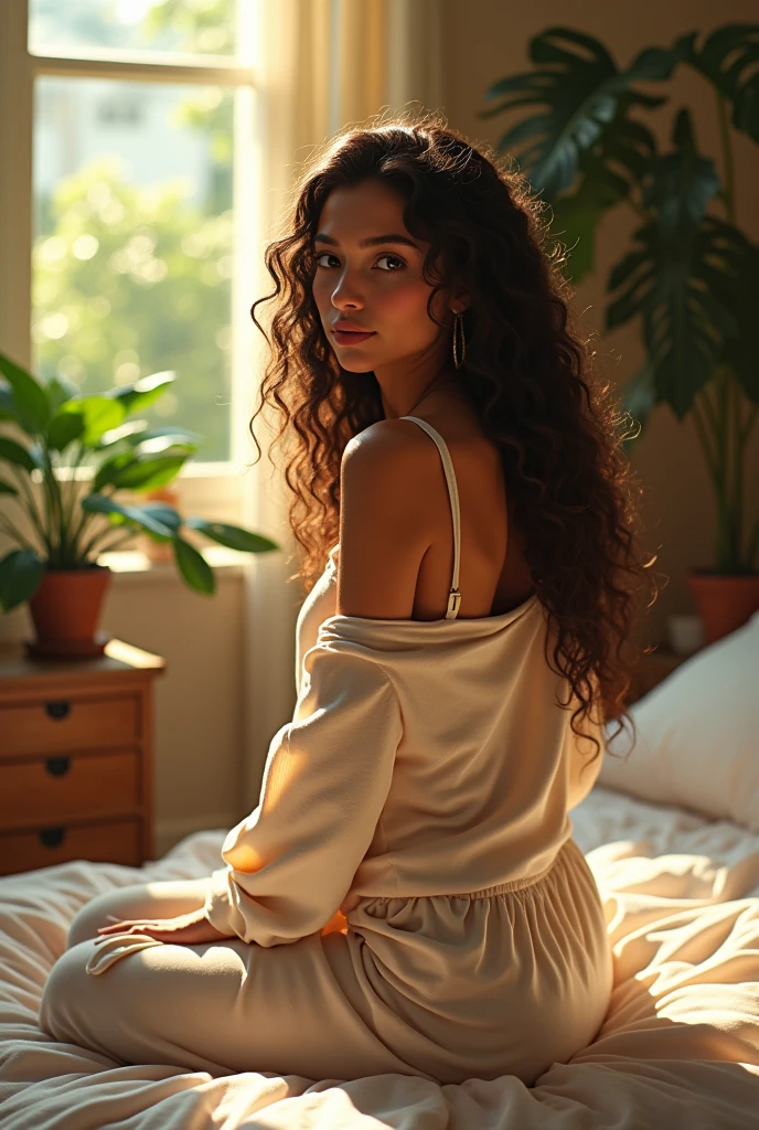 (photorealism:1.2), beautiful woman, sitting on bed, wearing loose off-shoulder top, pajama pants, long curly hair, indoors, soft lighting, plants in background, window with sunlight, cozy room, relaxed pose, realistic, intricate details, warm colors, by Greg Rutkowski, by Alphonse Mucha