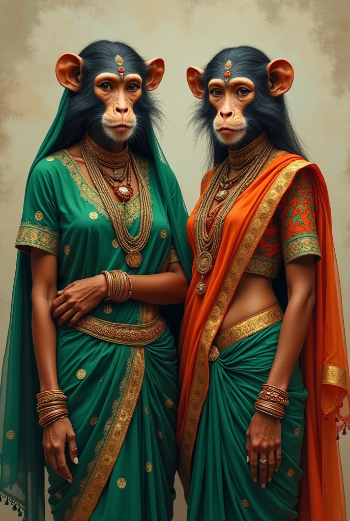 A full size portrait of indian women standing (with monkey face )wearing green colour traditional rajasthani outfit with bangles in hand and bindi on forehead and lipstick on the lips and dupatta on head