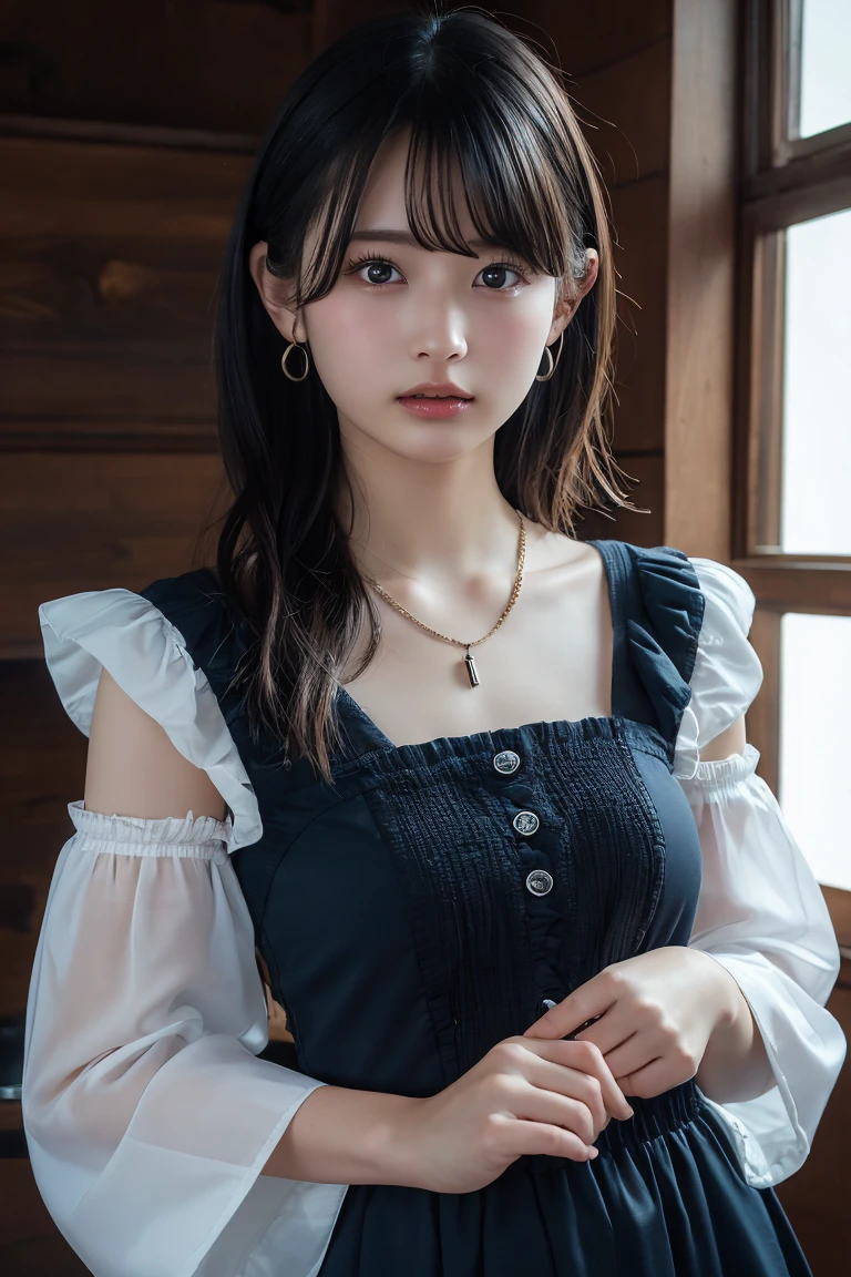 (Highest quality:1.4),(masterpiece:1.4),(Realistic:1.4),(Realistic:1.2),(超High resolution, RAW Photos:1.4),(High resolution, Ultra-detailed:1.2),(8k:1.2),View your viewers,Cinematic photography,One girl,skeletally correct,Black-haired woman,Woman in her early 20s,(Small earrings,necklace,Half-sleeve with frilled sleeves,Long dress),(Western-style building interior,Dimly lit room,The lamplight shines on my cheeks)