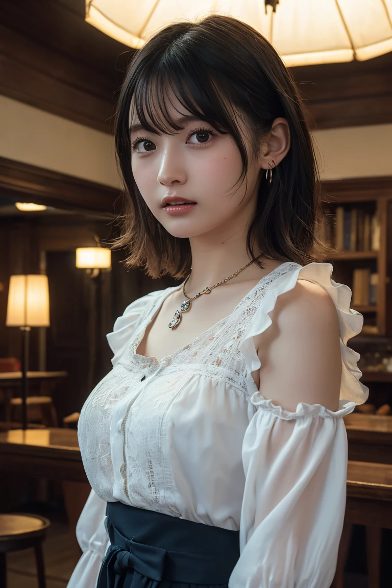 (Highest quality:1.4),(masterpiece:1.4),(Realistic:1.4),(Realistic:1.2),(超High resolution, RAW Photos:1.4),(High resolution, Ultra-detailed:1.2),(8k:1.2),View your viewers,Cinematic photography,One girl,skeletally correct,Black-haired woman,Woman in her early 20s,(Small earrings,necklace,Half-sleeve with frilled sleeves,Long dress),(Western-style building interior,Dimly lit room,The lamplight shines on my cheeks)