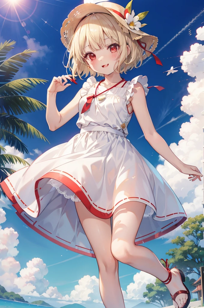 chisatonishikigi, Chisato Nishikigi, Short Hair, bangs, blonde,Bobcut, White hat(Red eyes:1.5), Hair Ribbon,One side up,happy smile, smile, Open your mouth,smile,blush,Red sleeveless dress,White long skirt,Bare arms,Rocket Pendant,Cute Sandals,real summer,sunny,It's as if your whole body is in the illustration., break outdoors, coastal,City Street, break looking at viewer, (Cowboy Shot:1.5), break (masterpiece:1.2), highest quality, High resolution, unity 8k wallpaper, (shape:0.8), (Beautiful details:1.6), Highly detailed face, Perfect lighting, Highly detailed CG, (Perfect hands, Perfect Anatomy),