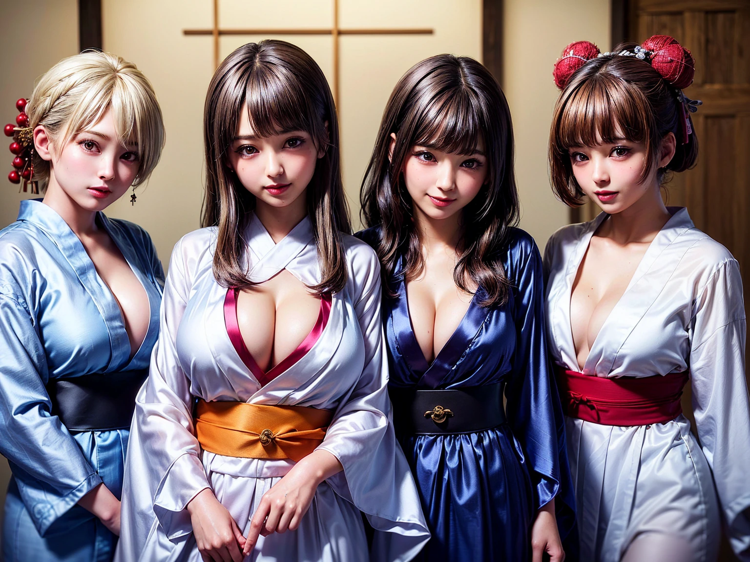 NSFW, ((masterpiece)), ((highest quality)), (Super detailed), ((cute)), cute, (Multi-point), ((sexy)), (device), ((very detailed)), 4k, (8k), highest quality, (beautiful), hyper cute face, shape, anime style,hyper genuineistic, genuine, dynamic angle, ((whole body)), close, thick outline, clear outline, on stage, (three girls, 3 cute girls:1.5), (SILK sexy japanese yukata costume:1.5), beautiful light brown hair, beautiful brown eyes, ((beautiful eyes)), (slouch, cleavage emphasis:1.5), short hair, big breasts, smile