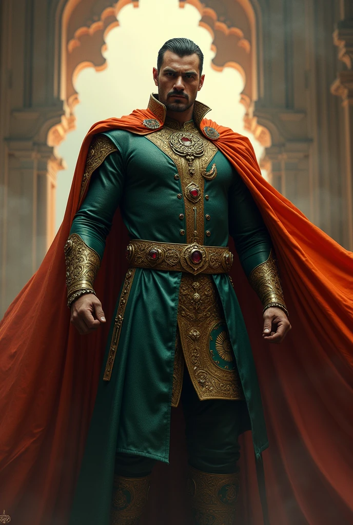 India as a movie villain with a flag on his back