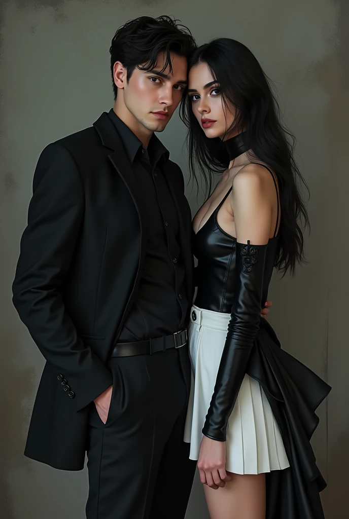 Goth couple, boy and girl. Man in black suit and white pants. Girl in black and white mini dress