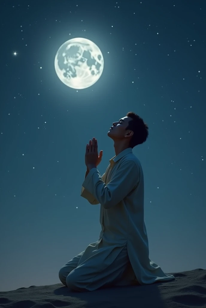 Realistic man pray on sajdah, rise on hand, handsome, asian people, night star every where, moonlight, hd