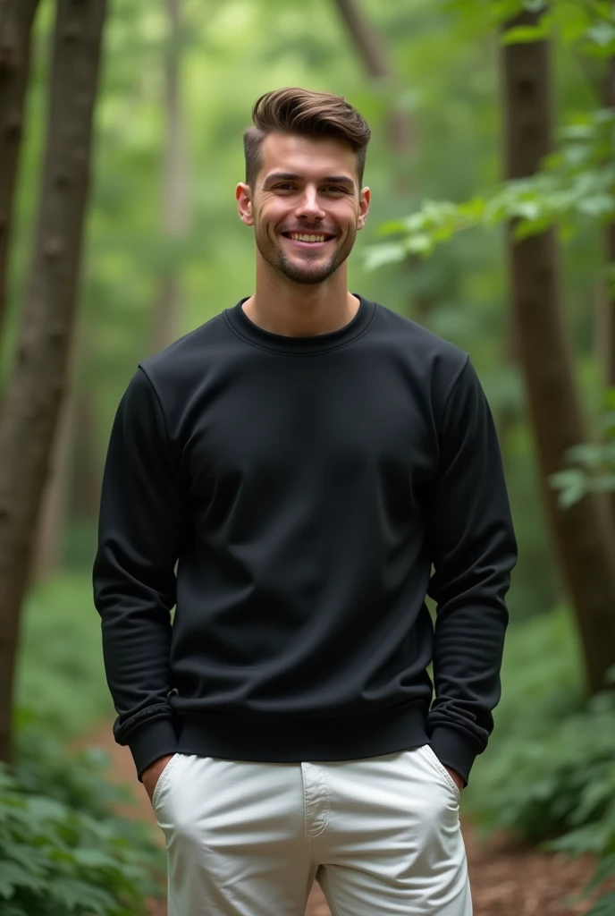 naughty man,SMOOTH FACE,black sweatshirt,White shorts,look of confidence,background of a forest.
