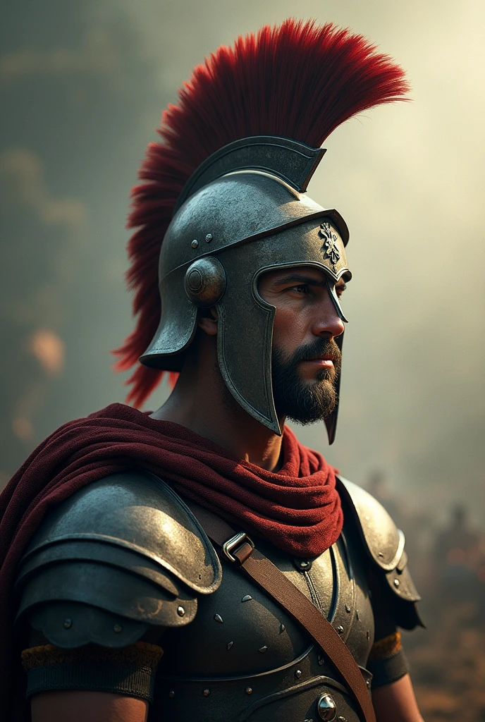 Buste de guerrier gaulois portant un casque avec des ailes avec un regard concentré pour la bataille dans une atmosphère brouillard 