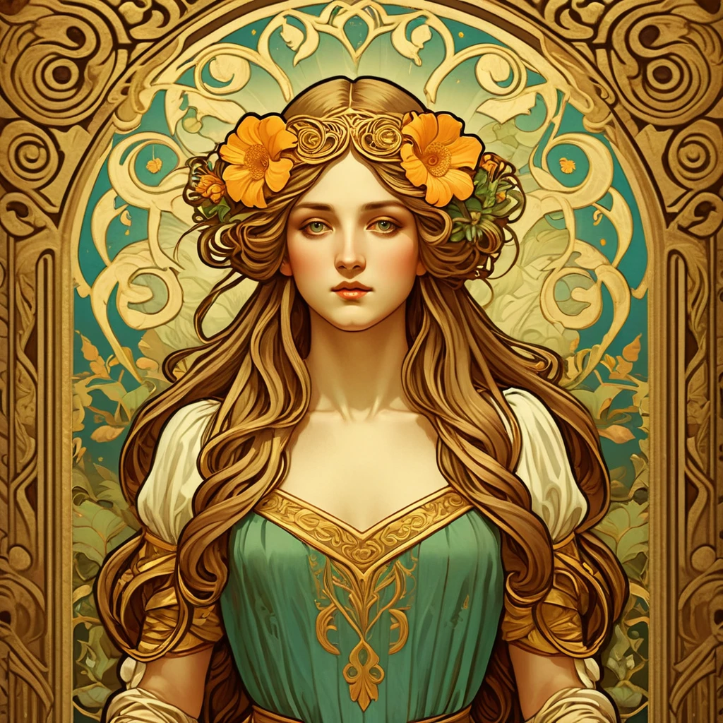 old (Masterpiece, Best Quality, Highres:1.2) Art Nouveau Style Beautiful Woman with Long Hair Shaped as Flowers in the Style of Alphonse Mucha, portrait of a beautiful cute, very beautiful, standing artistically, realistic natural, professional light distribution, very artistic lighting gradation, artistic detail, highly detailed, centered, Nymph-pattern vintage wallpaper with dramatic backlighting casting deep shadows, featuring a meticulously crafted illustration inspired by Dan Mumford and Alphonse Mucha, hyper-realistic and photorealistic textures, extremely detailed with intricate floral and foliage elements, octane rendered in 8K (extremely detailed 8k wallpaper), Golden ratio, hidden ancient Greek symbols (, Spiral), balanced design, color harmony, Vernis Martin, golden, ancient mythology, artistically twisted edges, reminiscent of old-world craftsmanship with a contemporary edge, volumetric lighting, ultra fine details
