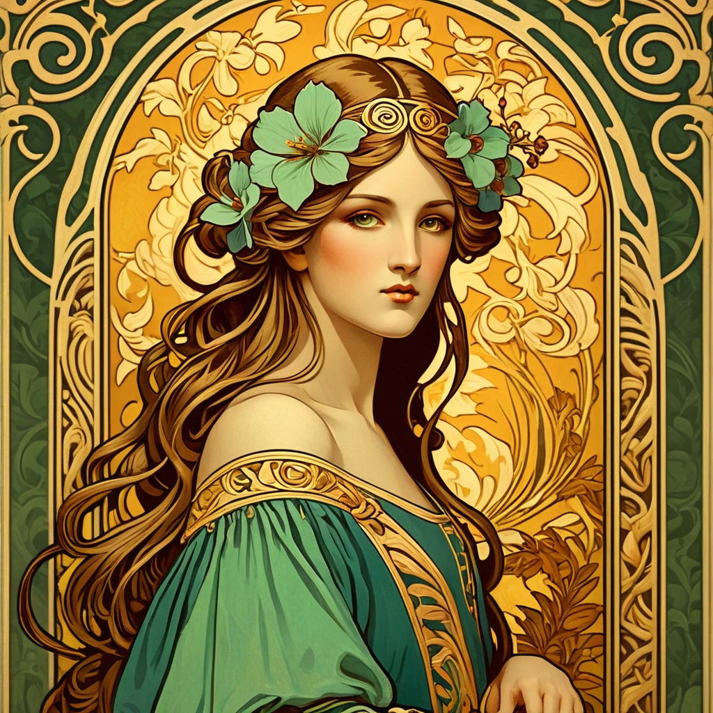 old (Masterpiece, Best Quality, Highres:1.2) Art Nouveau Style Beautiful Woman with Long Hair Shaped as Flowers in the Style of Alphonse Mucha, portrait of a beautiful cute, very beautiful, standing artistically, realistic natural, professional light distribution, very artistic lighting gradation, artistic detail, highly detailed, centered, Nymph-pattern vintage wallpaper with dramatic backlighting casting deep shadows, featuring a meticulously crafted illustration inspired by Dan Mumford and Alphonse Mucha, hyper-realistic and photorealistic textures, extremely detailed with intricate floral and foliage elements, octane rendered in 8K (extremely detailed 8k wallpaper), Golden ratio, hidden ancient Greek symbols (, Spiral), balanced design, color harmony, Vernis Martin, golden, ancient mythology, artistically twisted edges, reminiscent of old-world craftsmanship with a contemporary edge, volumetric lighting, ultra fine details
