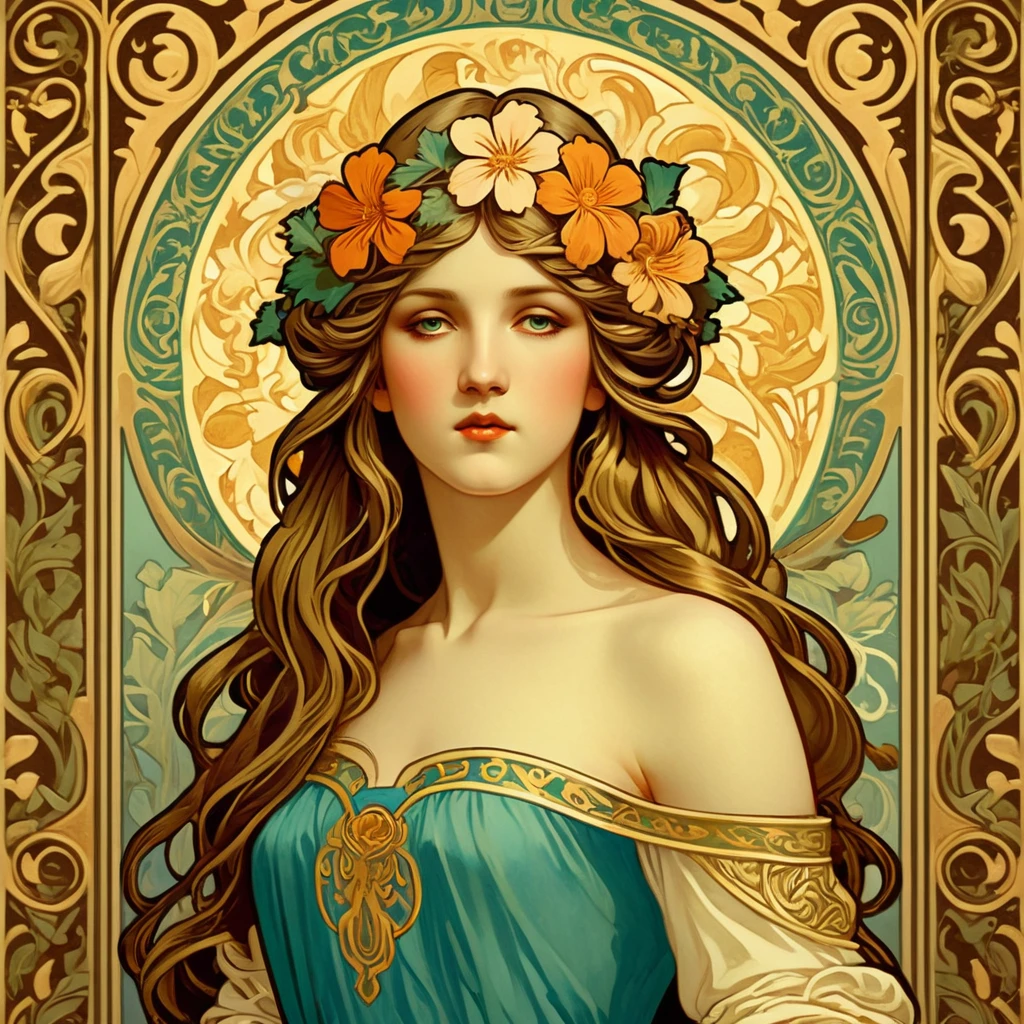 old (Masterpiece, Best Quality, Highres:1.2) Art Nouveau Style Beautiful Woman with Long Hair Shaped as Flowers in the Style of Alphonse Mucha, portrait of a beautiful cute, very beautiful, standing artistically, realistic natural, professional light distribution, very artistic lighting gradation, artistic detail, highly detailed, centered, Nymph-pattern vintage wallpaper with dramatic backlighting casting deep shadows, featuring a meticulously crafted illustration inspired by Dan Mumford and Alphonse Mucha, hyper-realistic and photorealistic textures, extremely detailed with intricate floral and foliage elements, octane rendered in 8K (extremely detailed 8k wallpaper), Golden ratio, hidden ancient Greek symbols (, Spiral), balanced design, color harmony, Vernis Martin, golden, ancient mythology, artistically twisted edges, reminiscent of old-world craftsmanship with a contemporary edge, volumetric lighting, ultra fine details
