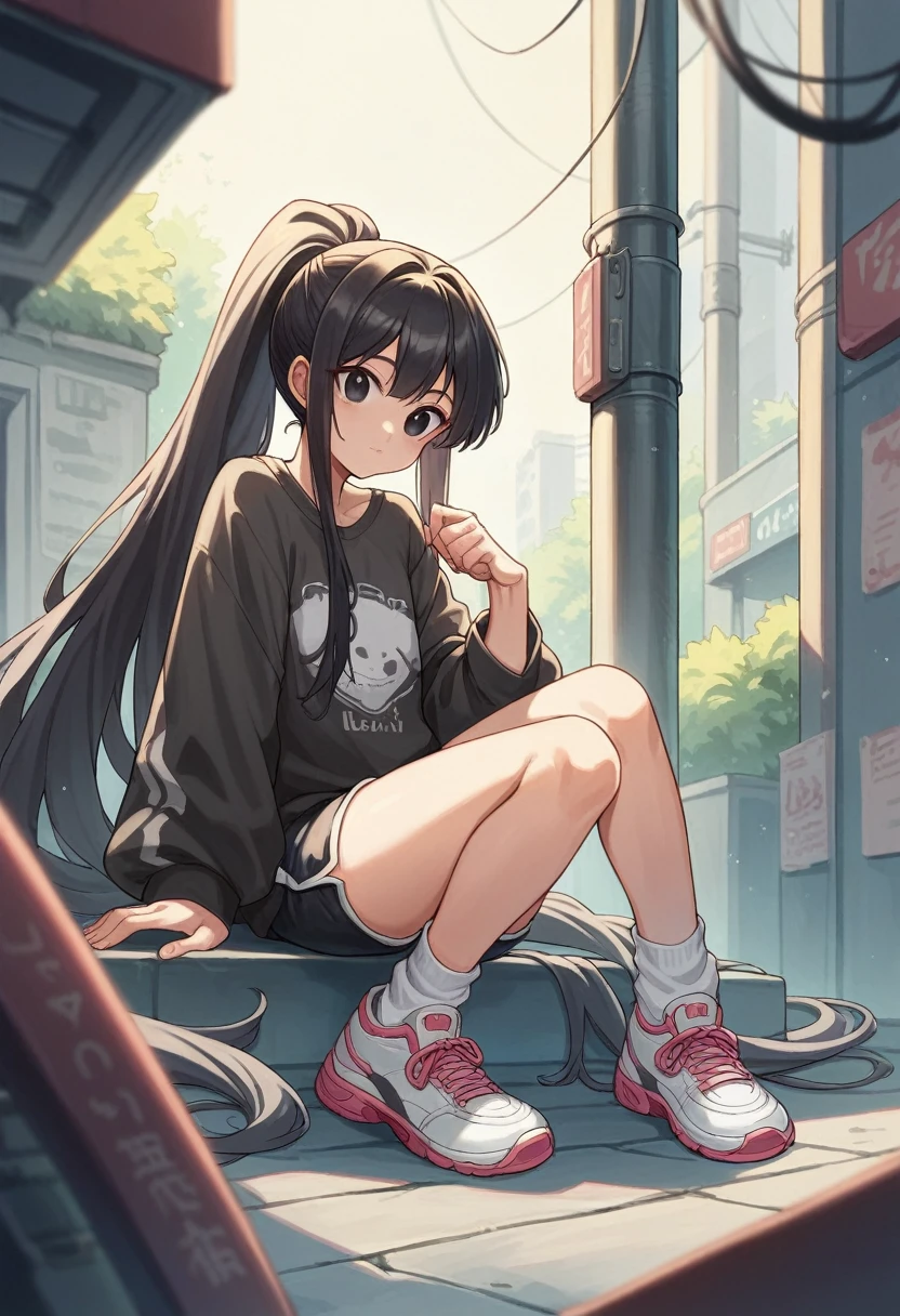 Anime girl anime Bellabell with black long ponytail hair and black eyes and neon short shirt and black shorts and long long long white socks and neon shoes and have cute backgrounds