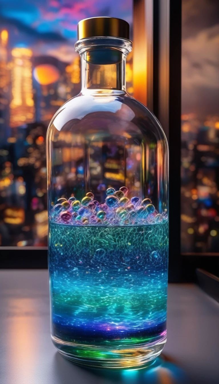 (masterpiece, Highest quality, Very detailed:1.2, Realistic, super photoRealistic, Realistic illustration, 8k), Professional Color Grading, Sharp focus, Professional Lighting, Depth of written boundary, ((landscape)), ((Science fiction movies)), ((Concept Art)) Bottle close-up, A rainbow-coloured world in a bottle、Glitter and shine、City in a glass bottle, filling glass bottle with the sparkling 星が輝く夜 and city, filling glass bottle with the 日没 view, Many glass bottles on the shelf, The shelves are kept in the house, 16K, Ultra-high resolution, Ultra-high resolution, to be born,wonderful ,future、Iridescent、The world 30 years from now。