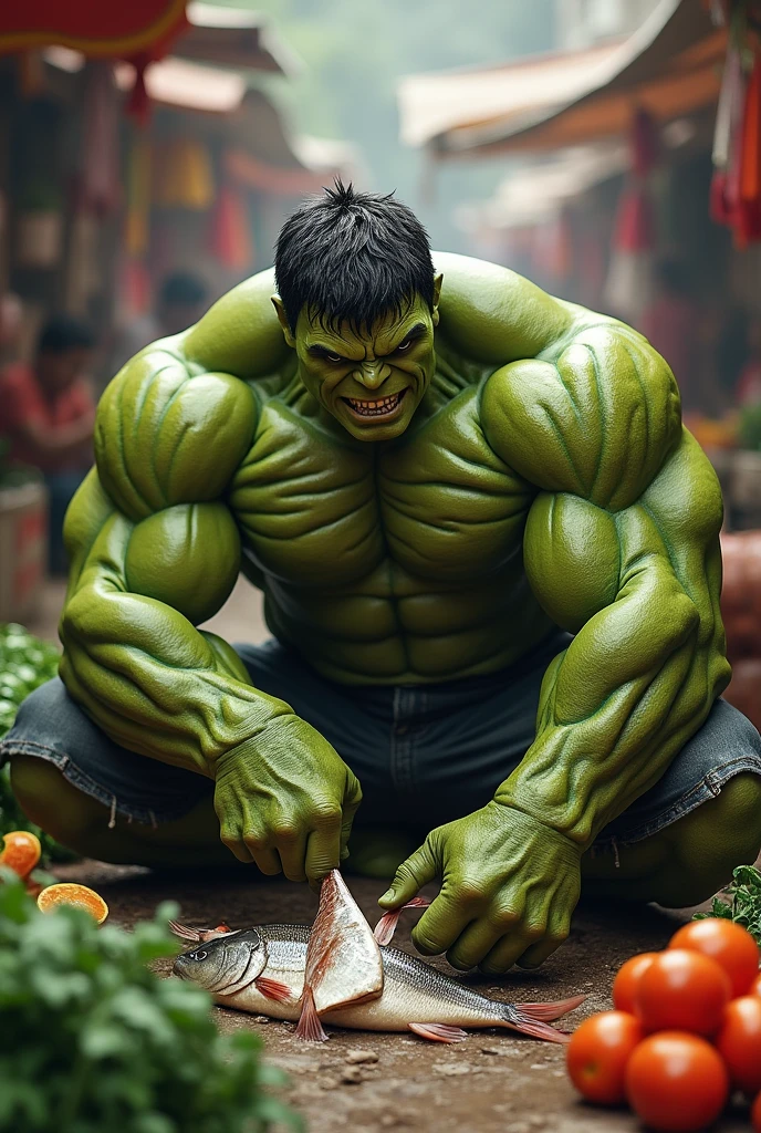 Hulk sitting at Indian vegetable market, cutting fish