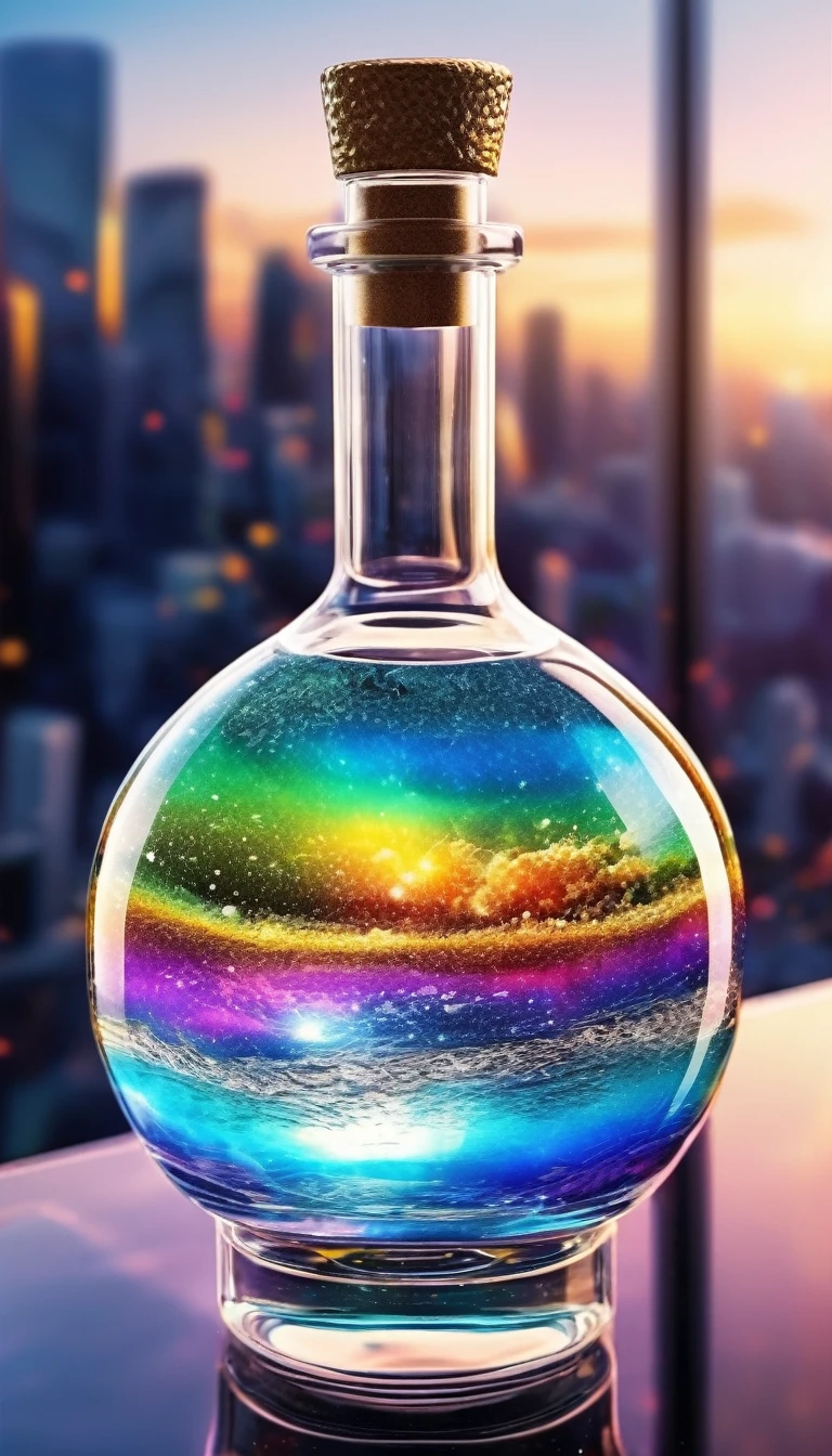 (masterpiece, Highest quality, Very detailed:1.2, Realistic, super photoRealistic, Realistic illustration, 8k), Professional Color Grading, Sharp focus, Professional Lighting, Depth of written boundary, ((landscape)), ((Science fiction movies)), ((Concept Art)) Bottle close-up, A rainbow-coloured world in a bottle、Glitter and shine、City in a glass bottle, filling glass bottle with the sparkling 星が輝く夜 and city, filling glass bottle with the 日没 view, Many glass bottles on the shelf, The shelves are kept in the house, 16K, Ultra-high resolution, Ultra-high resolution, to be born,wonderful ,future、Iridescent、The world 30 years from now。