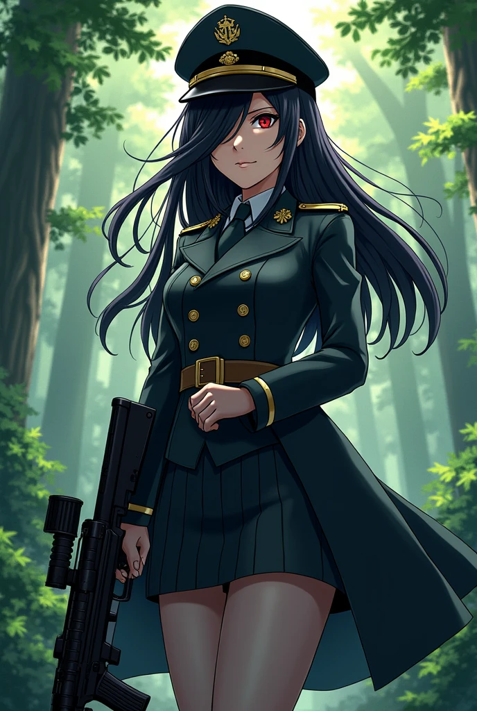 uniform、Long coat、Long Black Hair、Red eyes、Holding an assault rifle with one hand、Military hat、The hat covers one eye、Anime Style、woman、20-year-old、Too much exposure、The background is the forest、Cold look、Colonel-level rank