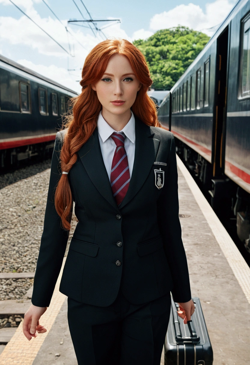 "(masterpiece, High resolution, Ultra High resolution, 4k)real photo of a girl next door with long red hair (ultra realistic 1.4k) , model girl with juicy figure and big breasts, Black uniform with tie, sexy top . A men next to the girl in a black uniform, black pantaloon. .In the background a train with suitcases and an attractive 35-year-old men on the side, very tall with black school uniform (movie image) 3K realistic photo. ultra-realistic, photorealism, photography, realistic photography, UHD, photo RAW,- Angle, put your feet on the floor of the train, Watch only the viewer", highest quality, 超High resolution, (realistic: 1.4), High resolution, detailed, RAW photo, Shapuri, Nikon D850 Film Stock Photo by Lee Jefferies 4 Kodak Portra 400 Camera F1.6 lenses rich colors real, real texture dramatic lighting station trends sinister 800,