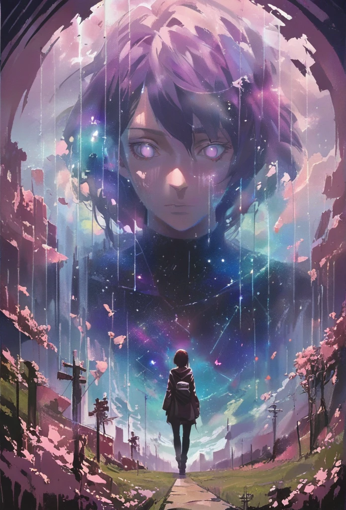 (masterpiece, top quality, best quality, official art, beautiful, cosmic, atmospheric, psychedelic, dreamlike and aesthetic:1.2), (1girl, hinata huyga long roxo hair, empty eyes, Purple eyes natural breasts , full body portrait), extreme detailed,(fractal art, camera view from behind:1.3),colorful,highest detailed, cherry blossoms and butterflies blowing in the wind, oil painting, dark, chiaroscuro, low-key 