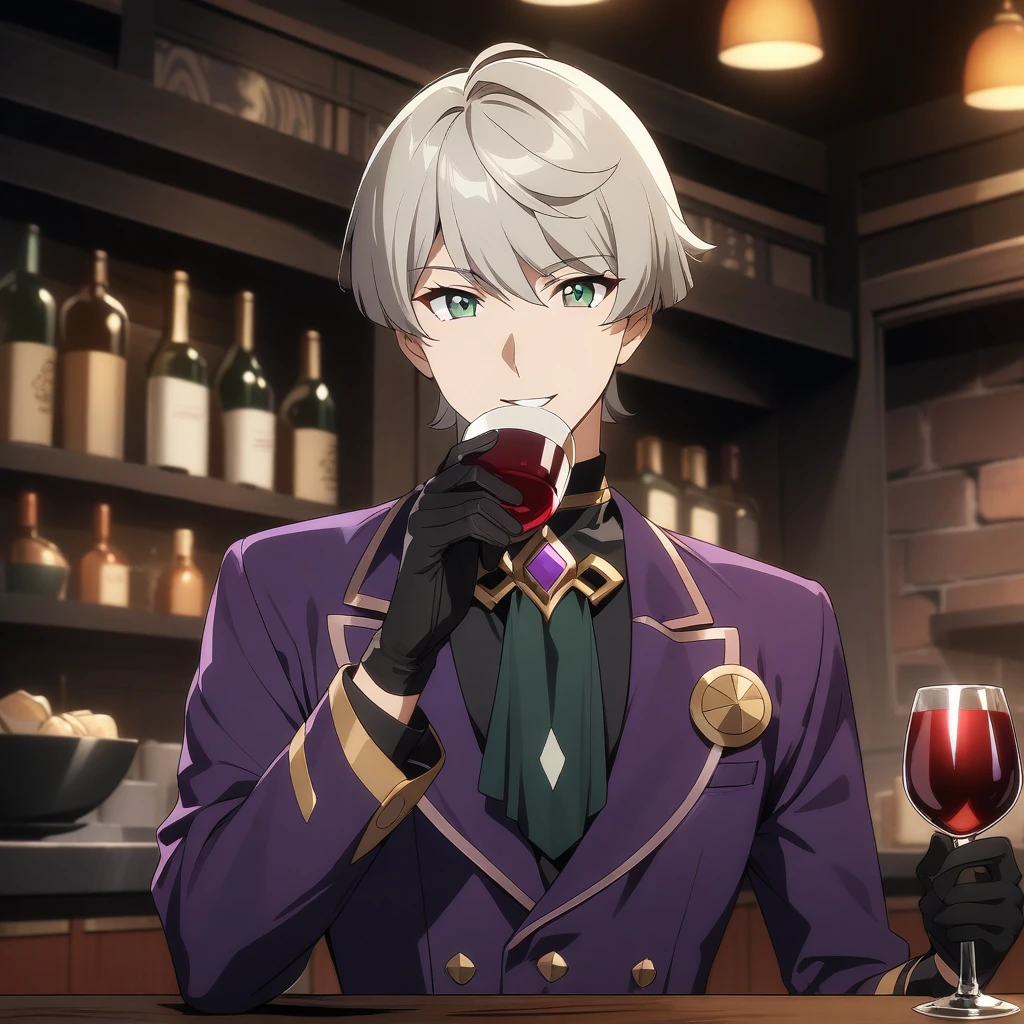 wise from zenless zone zero, 1boy, drinking wine, light grey hair, souma shiki hair, dark green eyes, shoulder length hair, bowl cut hair , handsome face, purple suit, black gloves, bar background, upper body, decorative, masterpiece, high quality, hd, 4k, upper body, genshin artstyle, smiling