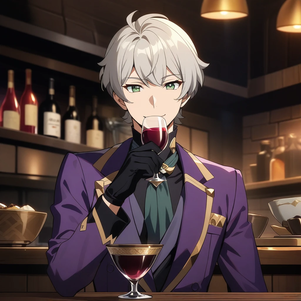 wise from zenless zone zero, 1boy, drinking wine, light grey hair, souma shiki hair, dark green eyes, shoulder length hair, bowl cut hair , handsome face, purple suit, black gloves, bar background, upper body, decorative, masterpiece, high quality, hd, 4k, upper body, genshin artstyle, smiling