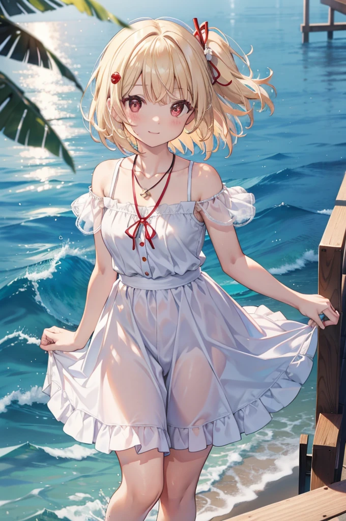 chisatonishikigi, Chisato Nishikigi, Short Hair, bangs, blonde,Bobcut, White hat(Red eyes:1.5),  Hair Ribbon,One side up,happy smile, smile, Open your mouth,smile,blush,Red sleeveless dress,White long skirt,Bare arms,Rocket Pendant,Cute Sandals,real summer,sunny,It&#39;s as if your whole body is in the illustration., break outdoors, coastal,City Street, break looking at viewer, (Cowboy Shot:1.5), break (masterpiece:1.2), highest quality, High resolution, unity 8k wallpaper, (shape:0.8), (Beautiful details:1.6), Highly detailed face, Perfect lighting, Highly detailed CG, (Perfect hands, Perfect Anatomy),