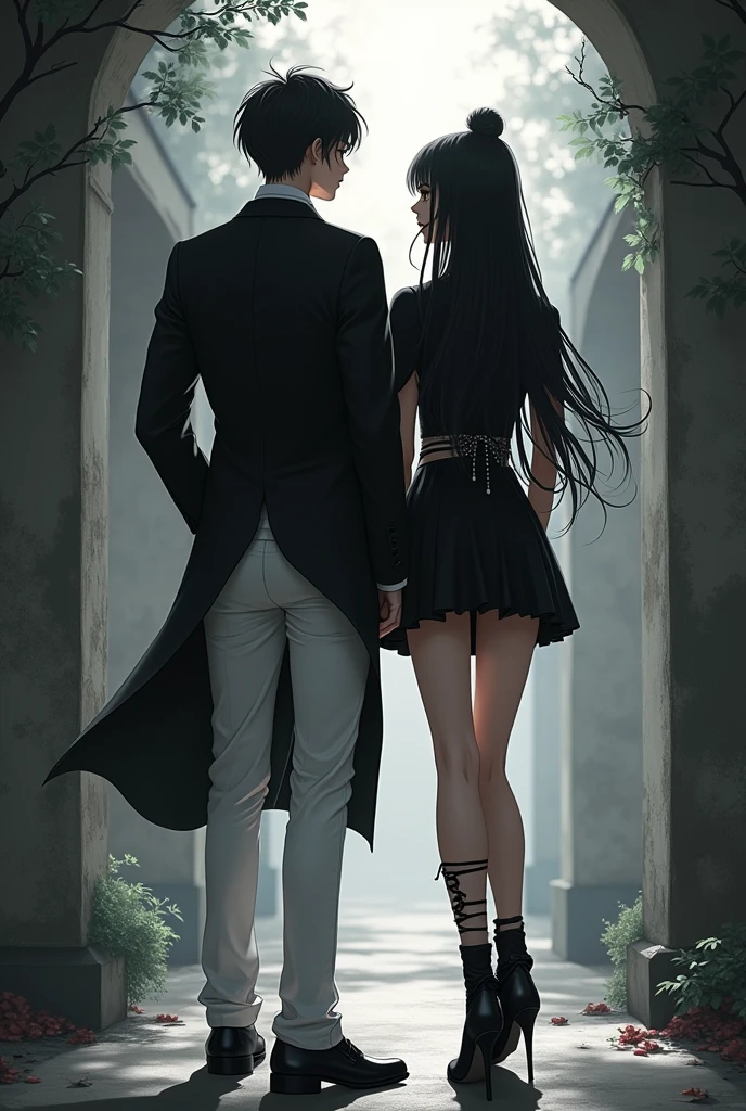 Goth couple, boy and girl. Man in black suit and white pants. Girl in black and white mini dress . Anime