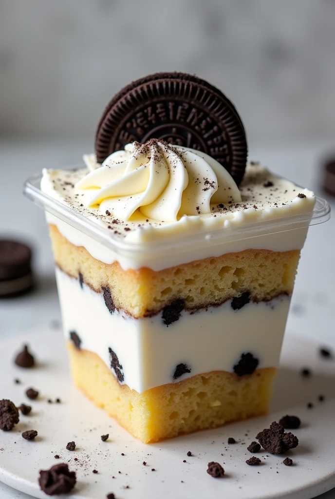 Generate image of 250ml square pot cake, first layer from bottom to top of sponge cake, second layer white brigadeiro filling with some Oreo pieces, 3 layer of sponge cake, 4 layer with white brigadeiro, on top of this last one an Oreo cookie lying on the layer inside the pot, and with a closed lid