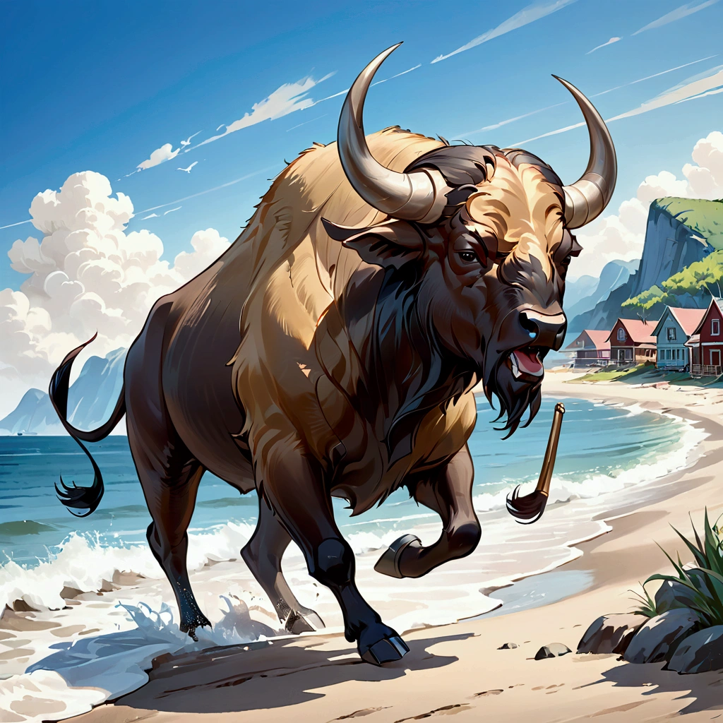 Running along the seaside1Buffalo、It has horns、Old photo style painting、Highest quality, High detail, High-resolution model, Concentrated line, far and near method, Anatomically correct, View landscape, american style propaganda poster,