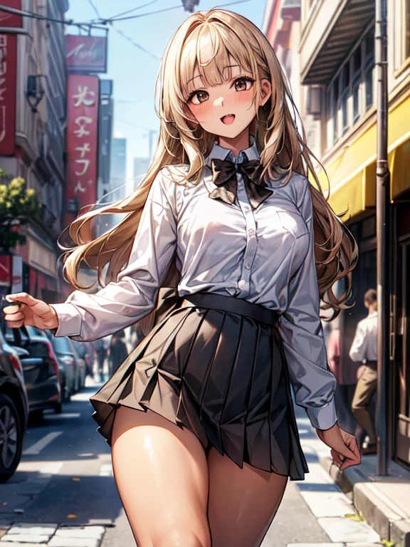 soft light, beautiful body, (masterpiece、Highest quality、Very detailed:1.3), (masterpiece, Highest quality, Very detailed)), ((bokeh)), (short focus lens:1.4), One girl, gyaru, ((Brown skin:1.3)), Blonde, Long Hair, blunt bangs, Wavy Hair, Grey Eyes, Large Breasts, Thick thighs, ((lots of piercing)), healthy, proportionate build, (portrait of a person, DSLR style, shallow depth of field, background blur, bokeh effect, f/1.8:1.1), 1girl, (open mouth, tongue out:1.2), looking at viewer, twenties, (white collar shirt:1.3), (bow tie:1.3), (Black pleated skirt, micro miniskirt:1.3), black high socks, black loafers, head to thighs, tilting head, (sexy pose:1.3), (beautiful scenery), (bustling daytime street, crowded with people, colorful storefronts, outdoor cafes, bright sunlight, clear blue sky, urban scene), very wide, panorama view, sense of depth, magnificent view,, wide angle