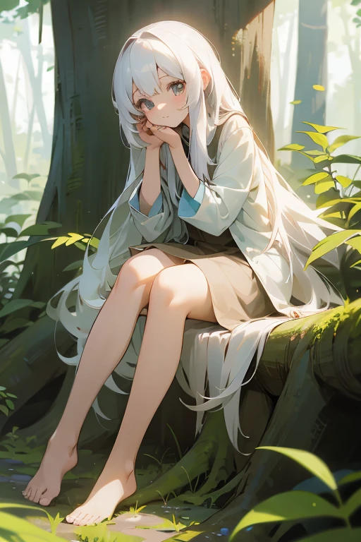 Highest quality, high resolution, Detailed Design, Anime Style, Cute girl, Long white hair, in the forest, Barefoot, Completely naked,