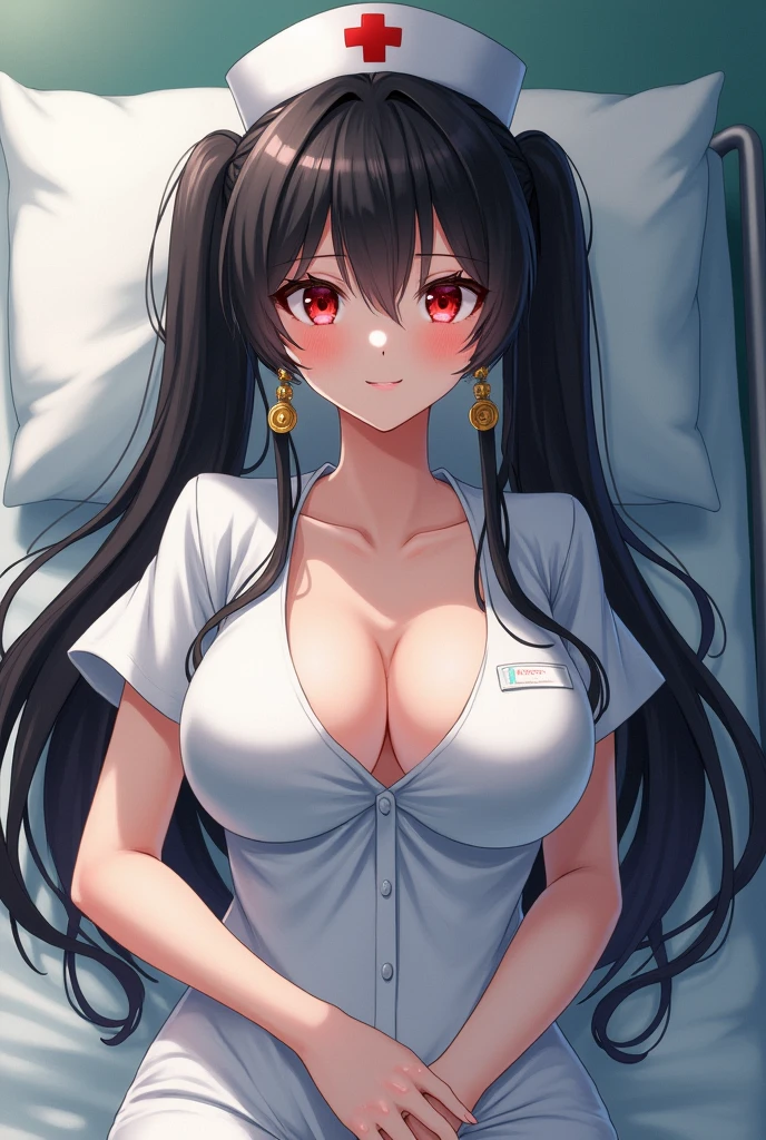 In the ward, A royal sister, White nurse's uniform, Gold earrings, red pupils, looking at viewert, gigantic cleavage breasts, Sling black silk, full bodyesbian, Black hair, Long hair, pony tails, Nurse hat, Blush, Lick lip, Ear blush, Unconscious, Heart-shaped pupils, Moles under the mouth, Best quality, Anatomically correct, Masterpiece,  smiling, blushing