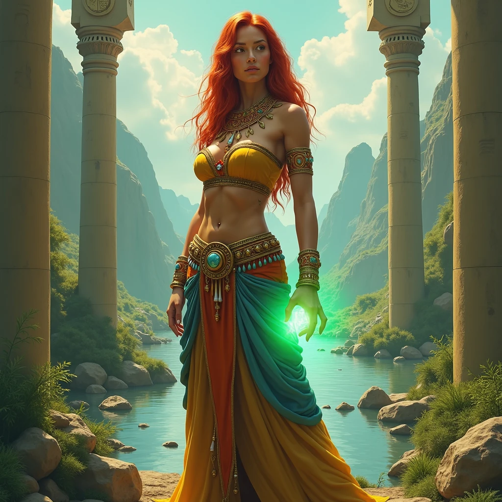 Extraordinary feminine texture and real, one of her arms is exposed, her right shoulders and arms are exposed, and the left arm is held inside the cloth, the women's clothes are beautifully decorated and colorful, there are stones and dried flowers to add beauty to her clothes, there is an ornate belt with stars on it in the shape of a swastika, her necklace is decorated with gold and silver and precious stones, half-naked, strong, feminine but warrior, her hair is red, her body lines are extraordinarily real, her facial features are extraordinarily real, 7 columns, each column has a moon and star symbol at the top. A vast valley among rivers and green nature. In the middle of the columns is a green stone and bright. The woman has placed her hand on the stone next to it, her hand is shining. There are Mu symbol and Atlantis symbols on the columns.