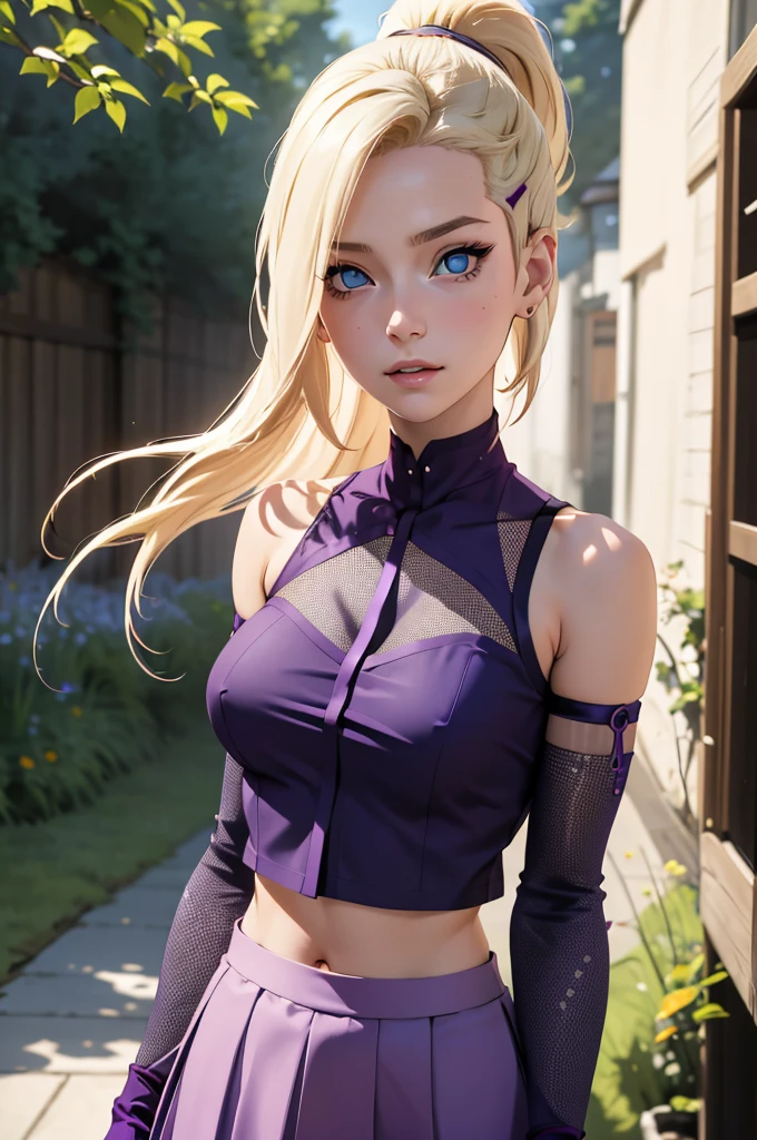 (masterpiece), best quality, expressive eyes, perfect face, 1 girl, solo, yamanaka ino, blonde hair, blue eyes, purple crop top, separate sleeves, purple skirt, mesh sleeves, , meshes, outdoors, natural lighting, portrait, looking at viewer, trying to seduce viewer in her lingerie