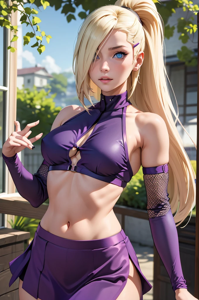 (masterpiece), best quality, expressive eyes, perfect face, 1 girl, solo, yamanaka ino, blonde hair, blue eyes, purple crop top, separate sleeves, purple skirt, mesh sleeves, , meshes, outdoors, natural lighting, portrait, looking at viewer, trying to seduce viewer in her lingerie