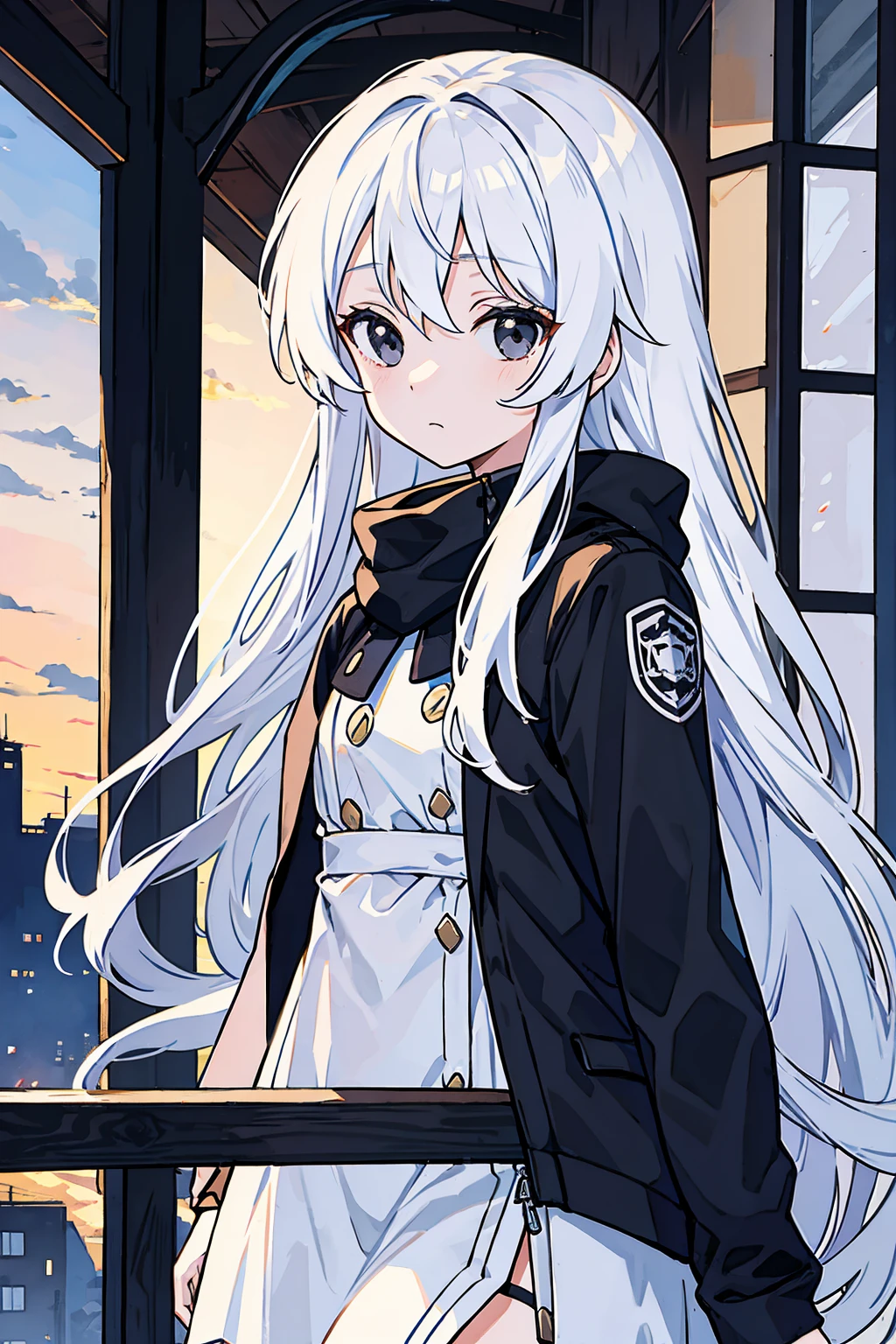 close-up, masterpiece, best quality, high details, (((a girl))), ((white long hair:1.2)), (black eyes:1.3), closed mouth, expressionless, Anime girl wearing Black jacket, white dress, Standing on the balcony