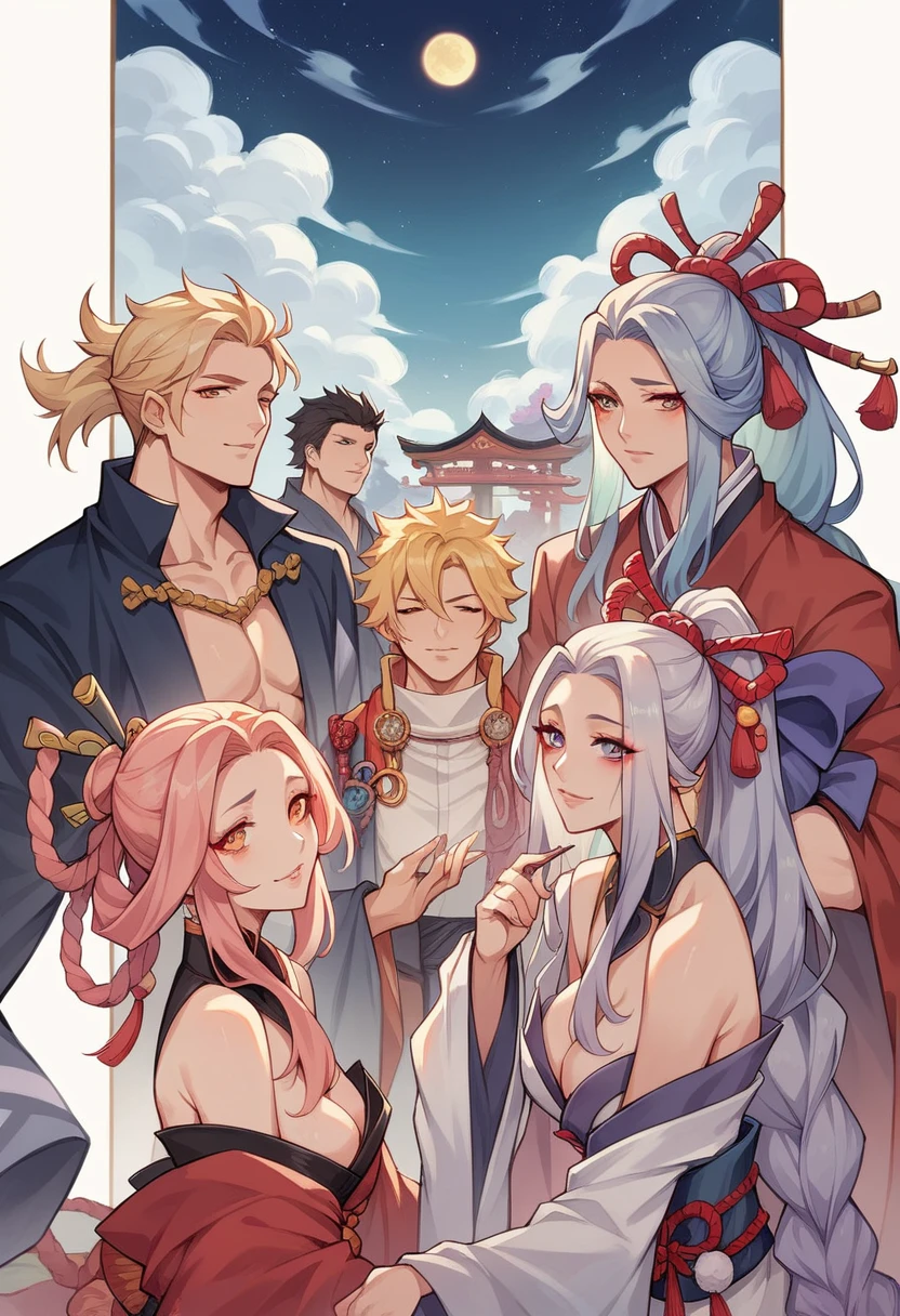 High quality illustrations,6 men and women（2 men,4 women）group, Group illustration,Cool, The Detailed Art of the Onmyoji, beautiful painting style, The Style, masterpiece, Top Quality, Highest quality, Ultra-high resolution