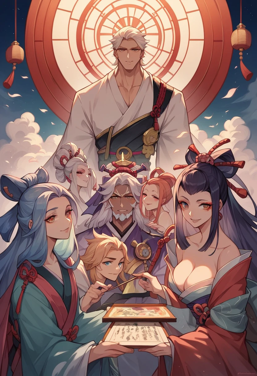 High quality illustrations,6 men and women（2 men,4 women）group, Group illustration,Cool, The Detailed Art of the Onmyoji, beautiful painting style, The Style, masterpiece, Top Quality, Highest quality, Ultra-high resolution