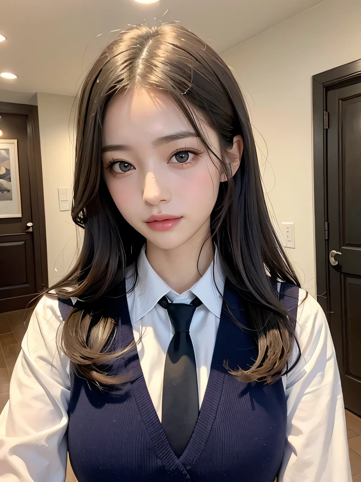 (masterpiece, Highest quality), Realistic photos, Instagram, Bright colors, High Dynamic Contrast, Slender figure、thin、Small, shapely breasts、One girl, Gray Hair, Purple eyes, Lips parted, blush, compensate, A light smile, Red tie、White shirt、Navy blue exy、Sweat, Wet, light, Shine,  Tight waist, (masterpiece), wallpaper,