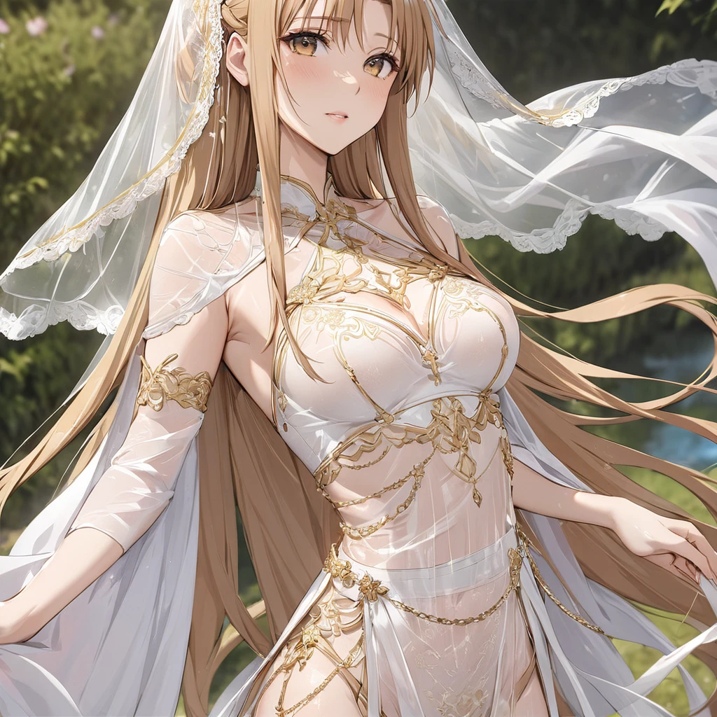 ((Highest quality)), ((masterpiece)), (detailed), (Perfect Face)、The woman is Yuuki Asuna, with light brown, medium-long hair, wearing a completely transparent outfit with gorgeous gold embroidery and trim, a veil, a transparent cape, and gorgeous accessories.、The woman is not wearing a bra、The woman is not wearing underwear