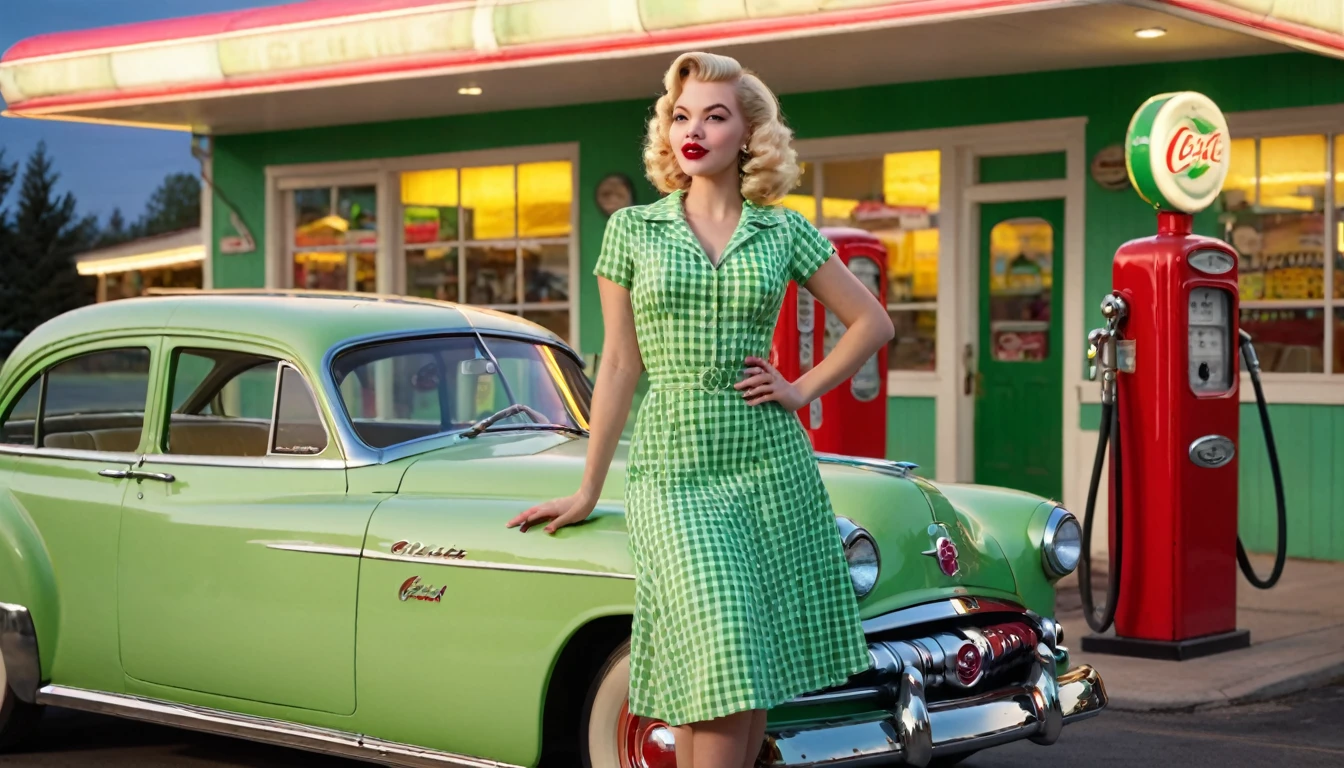 ultra-detailed, photorealistic, A beautiful young blonde woman with vintage 1950s style pinup stands confidently in front of a classic green car at a retro gas station. She wears a form-fitting, yellow gingham dress that accentuates her figure, complemented by red lipstick and elegant, curled blonde hair. The gas station has a nostalgic feel, with green and cream accents and a classic gas pump. The night sky above is clear, adding a serene ambiance to the scene. The overall mood is nostalgic and glamorous, capturing the essence of mid-20th-century Americana. perfect face, Ultra realistic photo, vibrant colors, 16k