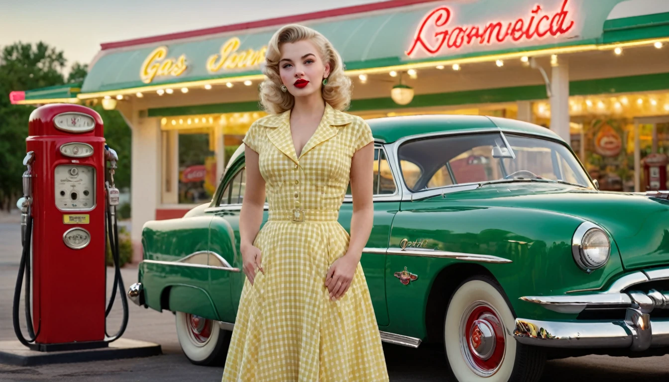  ultra-detailed, photorealistic, A beautiful young blonde woman with vintage 1950s style pinup stands confidently in front of a classic green car at a retro gas station. She wears a form-fitting, yellow gingham dress that accentuates her figure, complemented by red lipstick and elegant, curled blonde hair. The gas station has a nostalgic feel, with green and cream accents and a classic gas pump. The night sky above is clear, adding a serene ambiance to the scene. The overall mood is nostalgic and glamorous, capturing the essence of mid-20th-century Americana. perfect face, Ultra realistic photo, vibrant colors, 16k