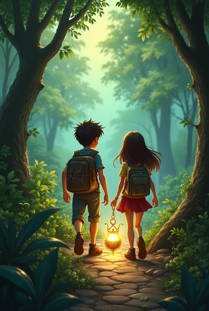 One morning, Pedro and Laura decided it was time to unravel the mystery of the Garden of Wishes. Armed with an old map and an amulet that Pedro had found in his grandmother's attic,, the two left for the forest. The amulet, gold with colored stones, seemed to shine whenever they were on the right path